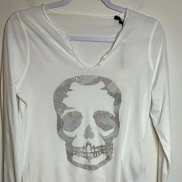 ZADIG & VOLTAIRE Tunisien Tee Top Henley White Rhinestone Skull LS Size S - Picture 1 of 7